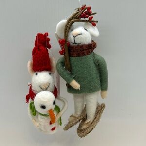 2 Felt Ornaments Critter Mouse Primitives by Kathy Snowshoe Tilly Winter (new)